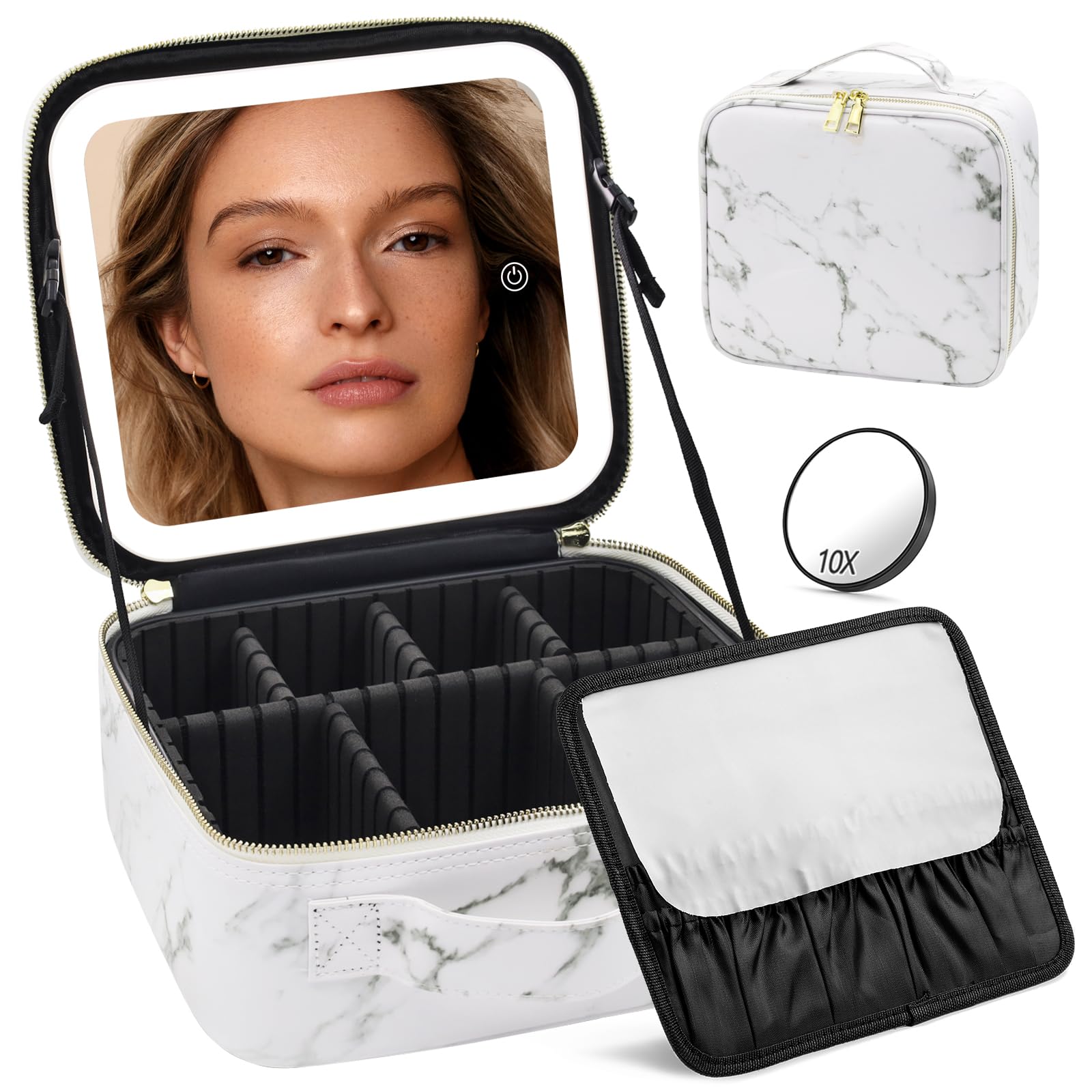 Travel Makeup Bag with Mirror and Lights, Makeup Case with Lighted Mirror 3 Color Lights Adjust Brightness, Travel Cosmetic Case Makeup Organizer Bag with Adjustable Dividers & Brushes Holder(Blue) — view 14
