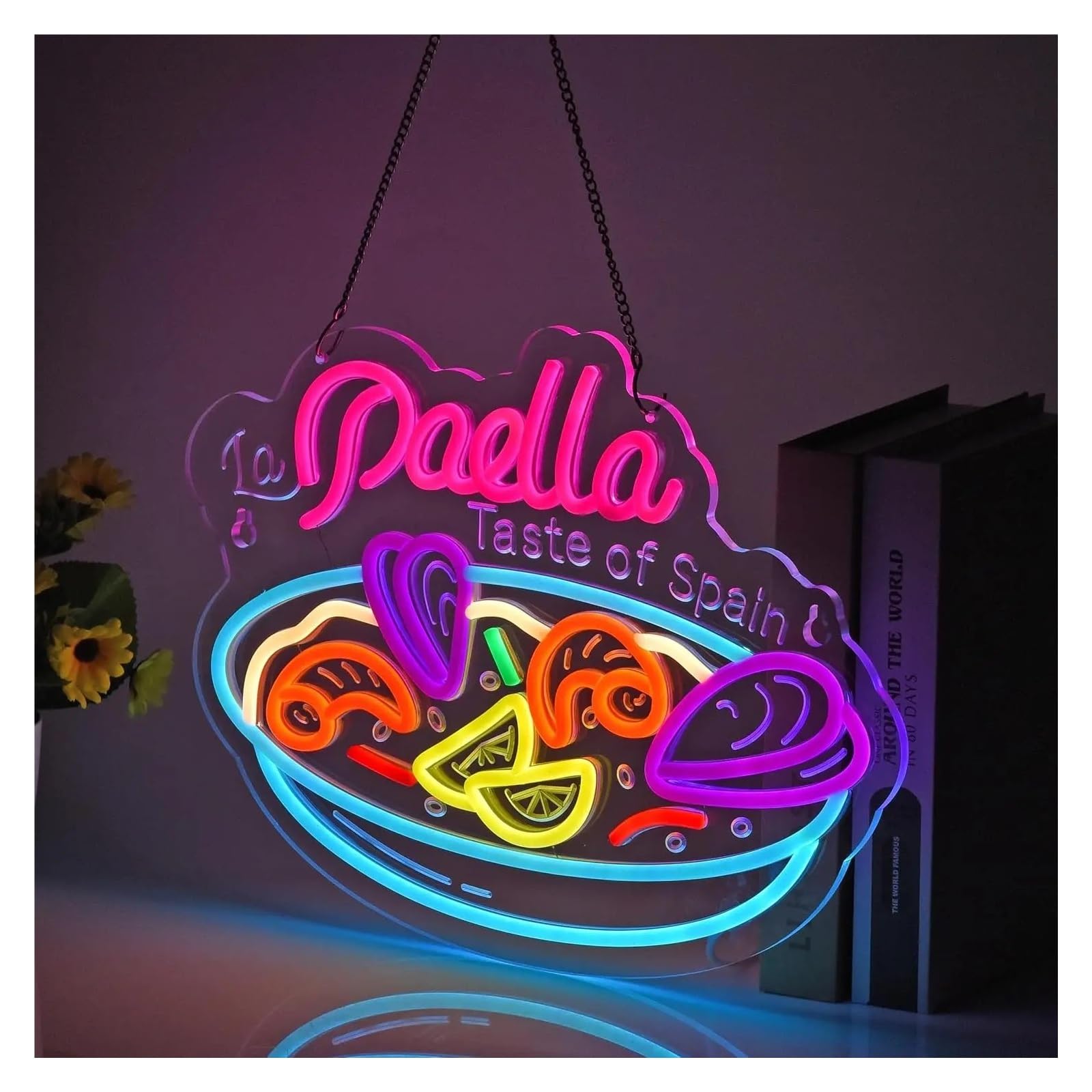 Hängende Kunst-Leuchtreklamen Paella-Neonschild, USB-dimmbares LED-Licht für Restaurant, Snack-Shop, Küche, Essensliebhaber, Party, Wandkunst, Dekoration, 15.75x11.81in