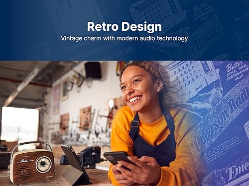 Vista 7 de Emerson EAS-3002 Radio portátil Bluetooth retro con sintonizador AM/FM, entradas USB/AUX, batería recargable incorporada y asa de transporte, gris