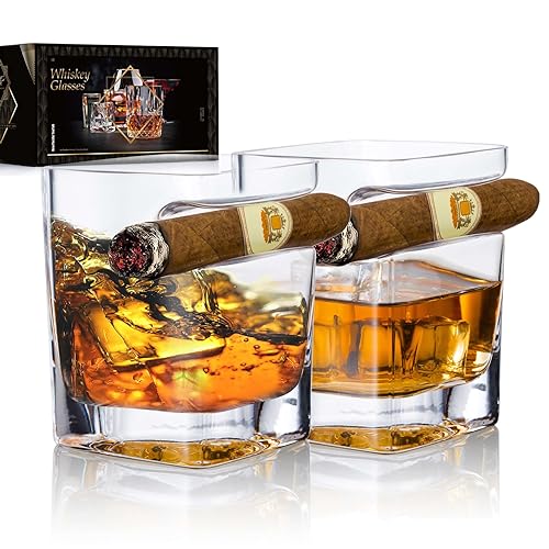 YouYah Cigar Whiskey Glasses with Cigar Holder-Set of 2,Cigar Accessories,Crystal
