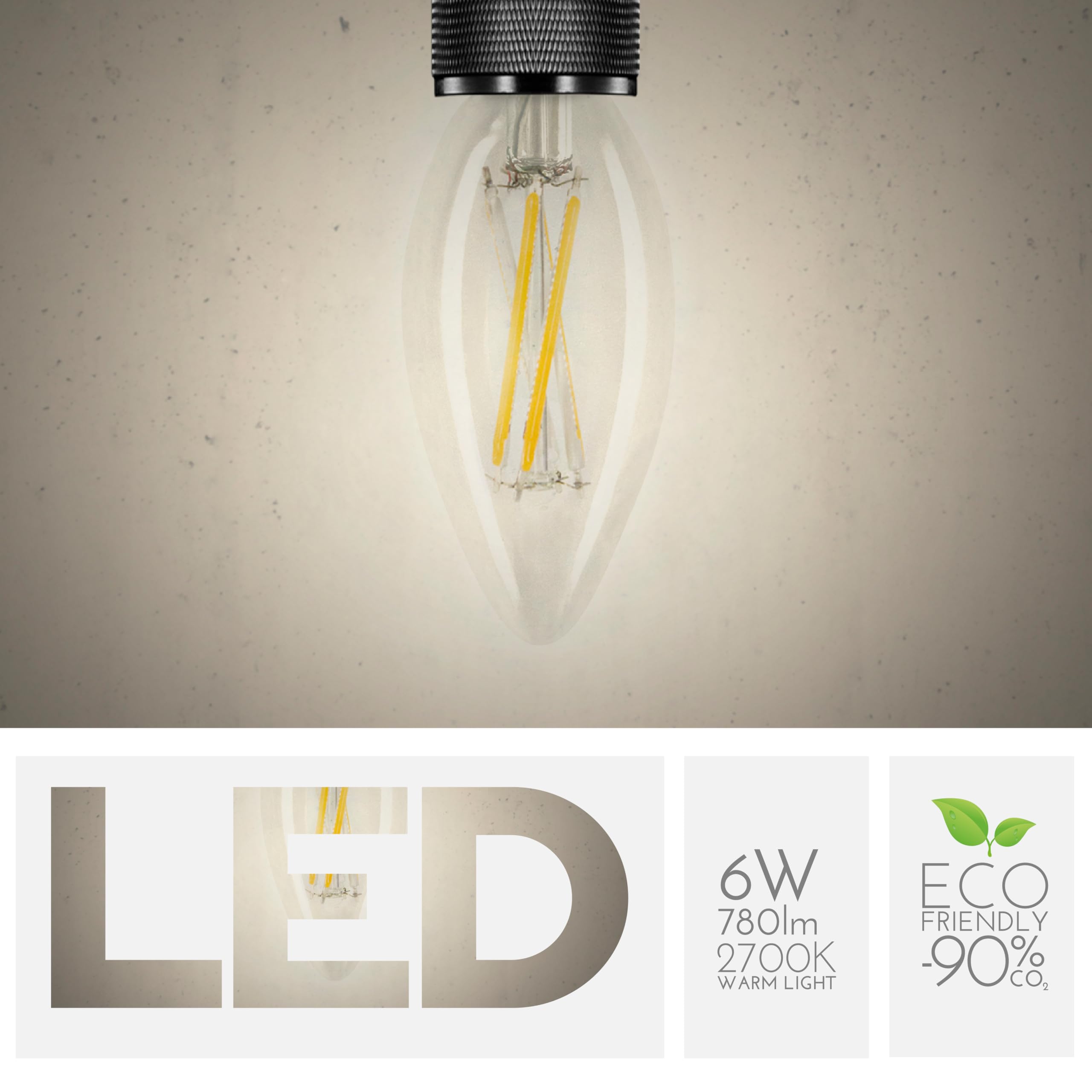 Ampoule Olive 6W Équivalent à 60W, E14, Verre Transparent, 2700K Lumière Chaude, filament LED droit, 780 Lumens, Lot de 10 pièces