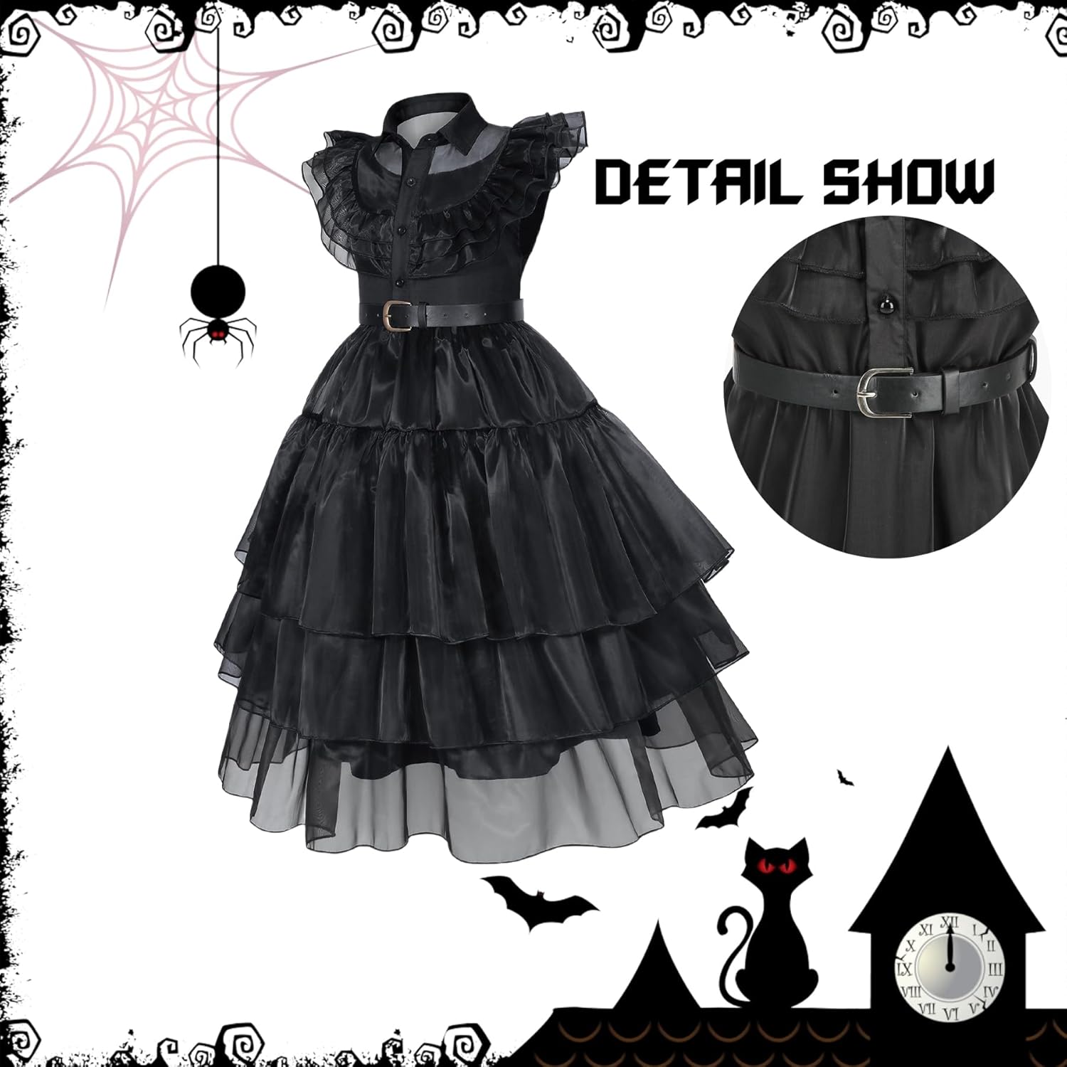 Black costume girls dress for Kids Black Dress Costume for Girls Halloween Cosplay Party (3-13 Years) - Image 4