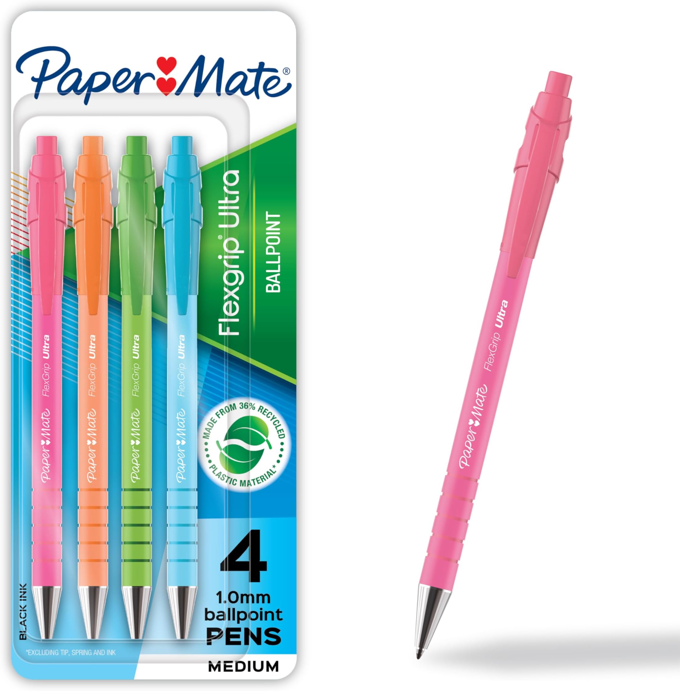 FlexGrip Ultra Ballpoint Pens, Recycled Plastic Materials Assorted Barrel Colors Medium Point (1.0mm) Black 4 Count