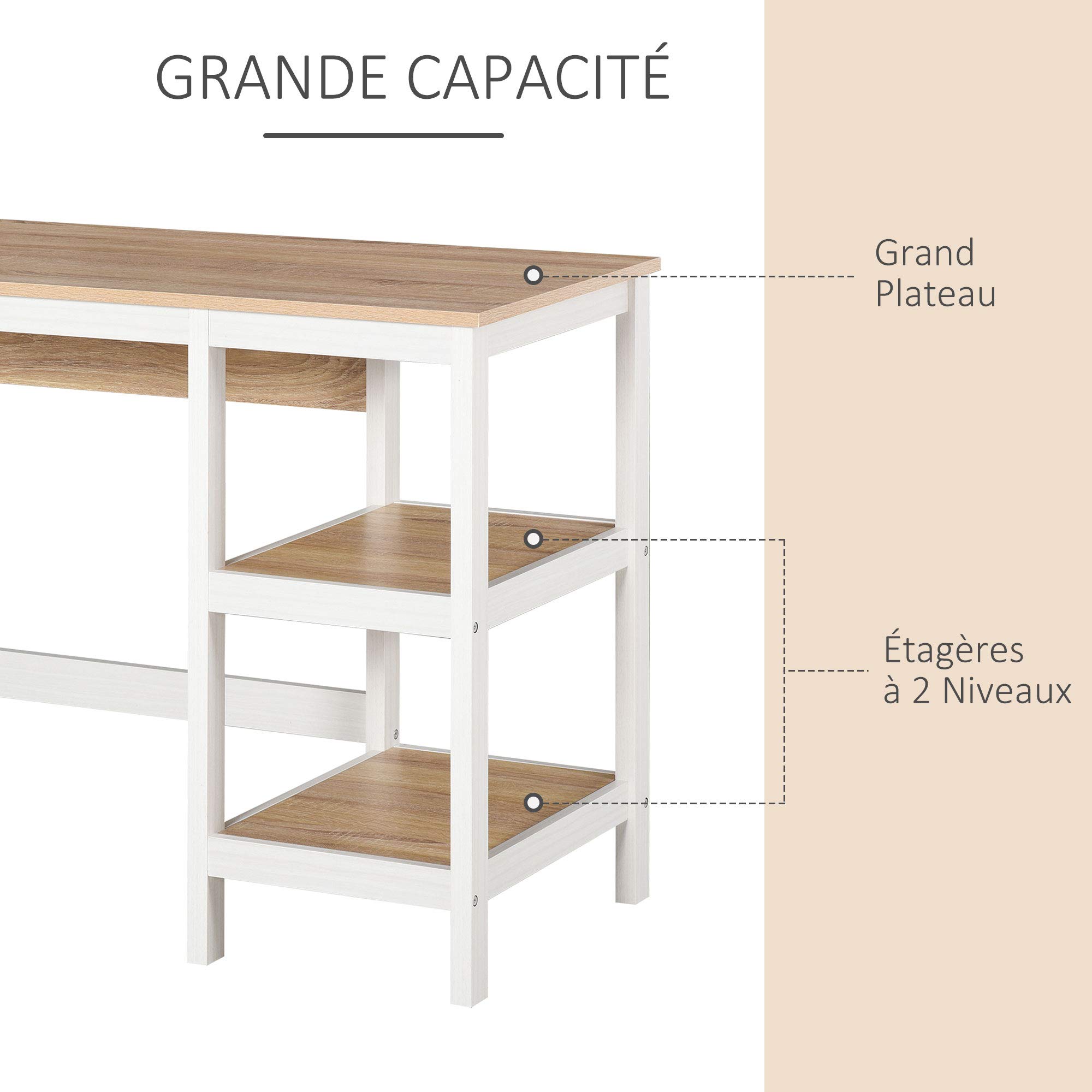 HOMCOM Bureau Informatique Multimédia 110Lx48lx76H cm Chêne Clair Blanc | 2 Étagères Latérales, MDF E1, Bureau Avec Rangement