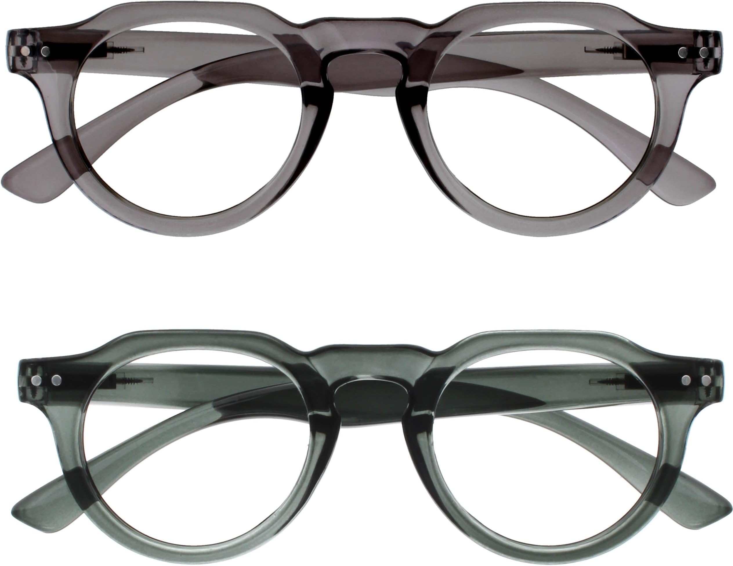 OPULIZE RIO Blue Light Blocking Reading Glasses - 2-Pack - Flat Top Frame - Green, Grey - Mens Womens - Spring Hinges - BB53-67 - +2.50