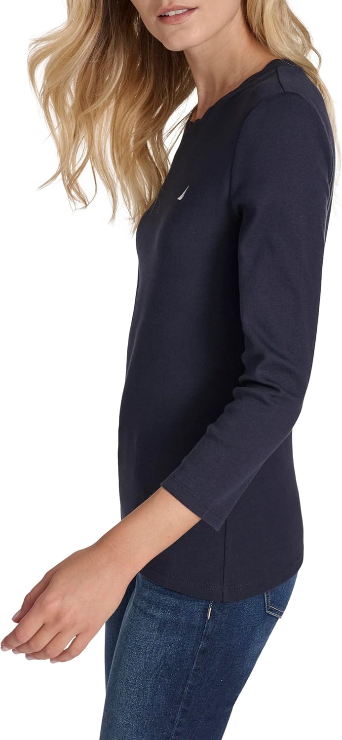 Nautica Womens 3/4 Sleeve Length Cotton Solid Scalloped Knit Top - Image 2
