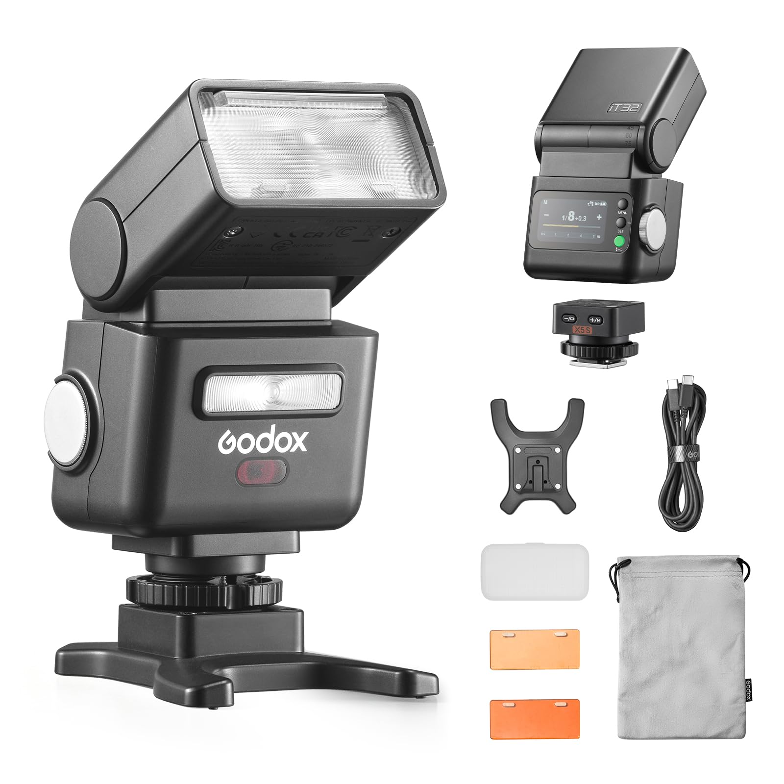 Godox IT32 TTL Kamerablitz mit X5S-Blitzauslöser für Sony-Kameras, magnetischer Blitzschuh und Auslöser, 2-in-1, bunter Touchscreen, drehbarer Blitzkopf, X-System TTL und HSS, LED-Modellierlampe