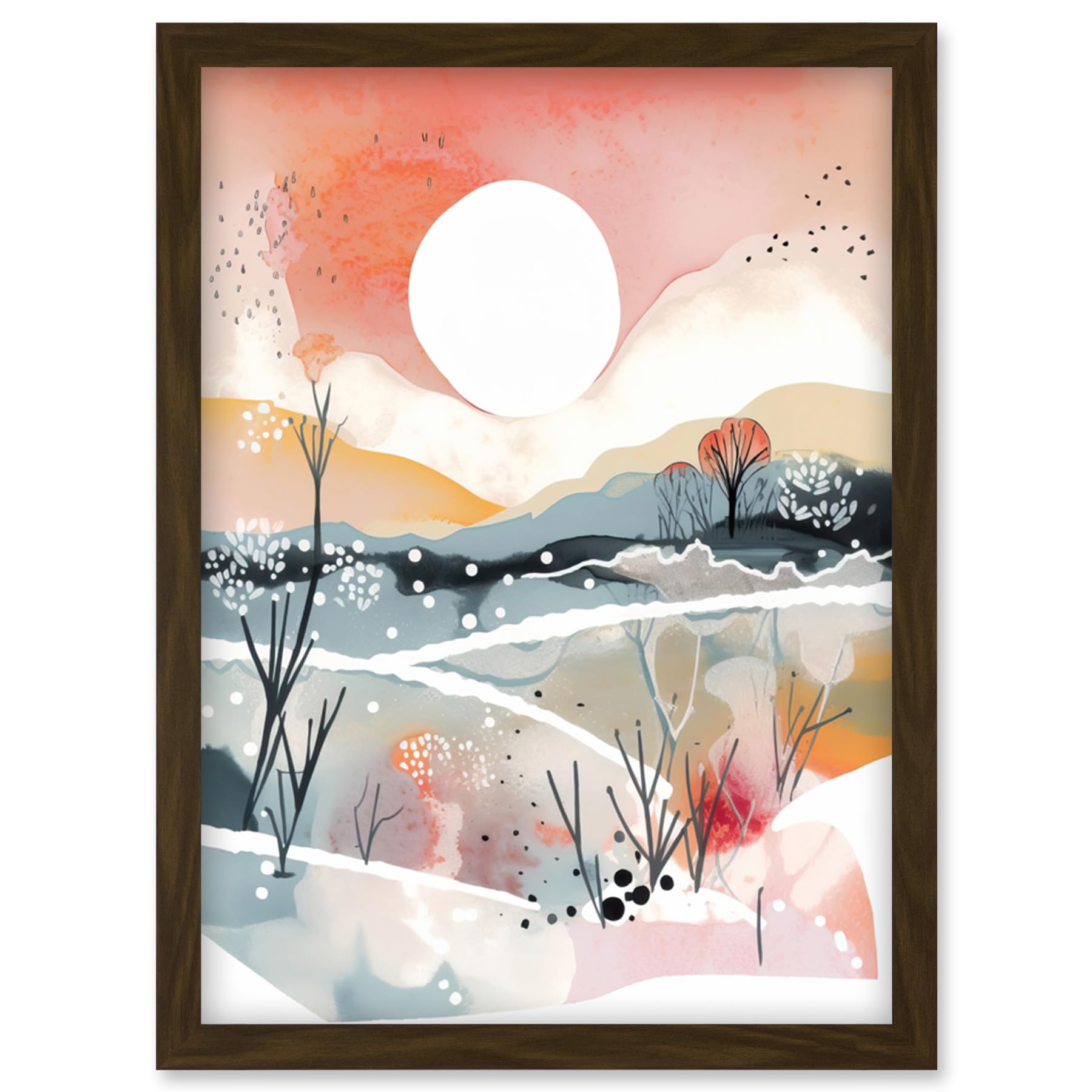Artery8 Sunset in Winter Landscape Boho Modern Folk Art Artwork Framed Wall Art Print A4