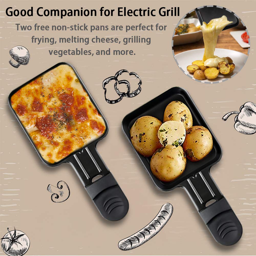 Raclette Mini Appareil Raclette 2 Personnes Machine A Raclette Avec 2 Poêlons Et 4 Spatule, Température Réglable,Revêtement Antiadhésives, 500W