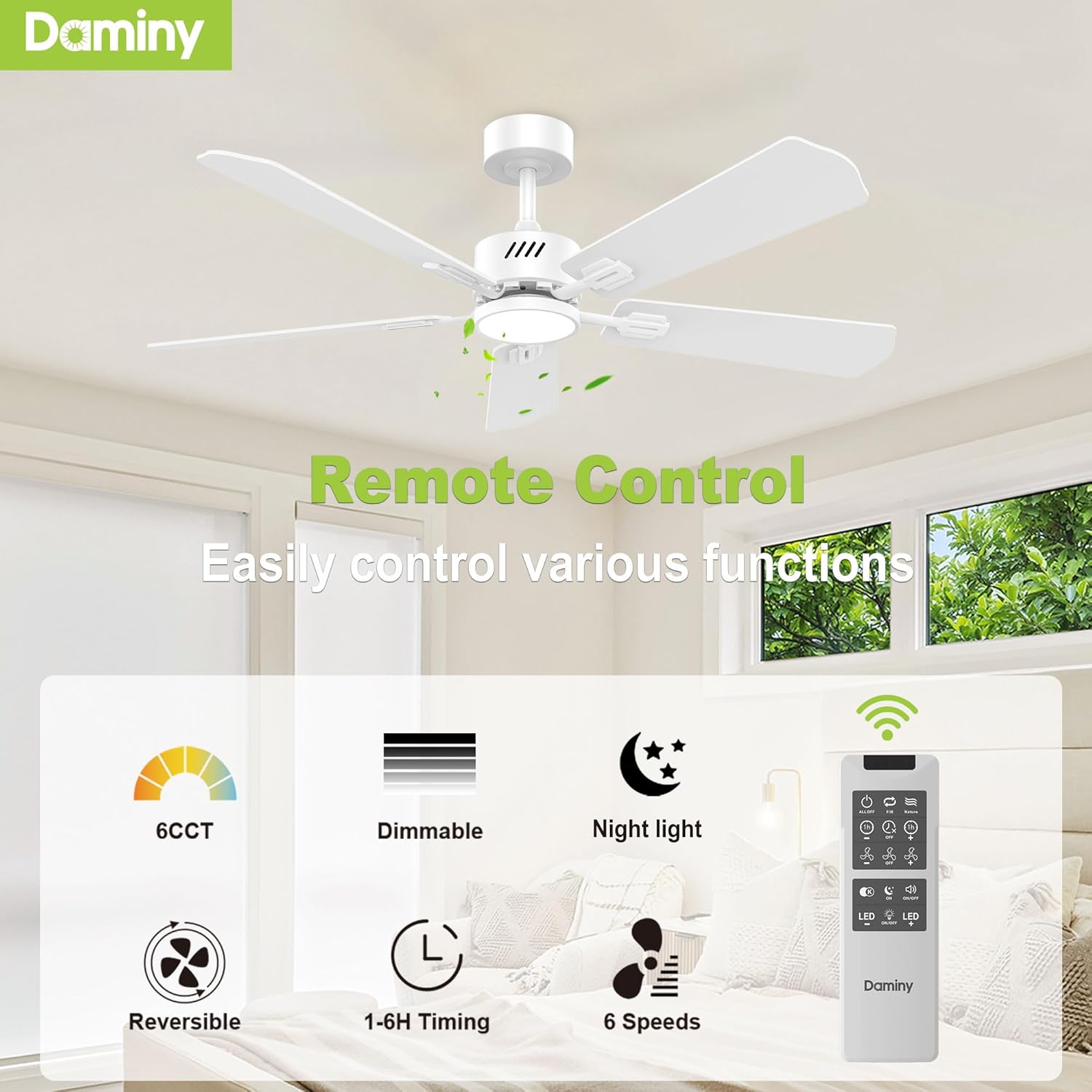 DAMINY 52 inch Ceiling Fan with Light,6CCT,5 Blade,Low Profile Ceiling Fan with Light and Remote Control,Downrods,White,Living Room,Indoor/Outdoor Use