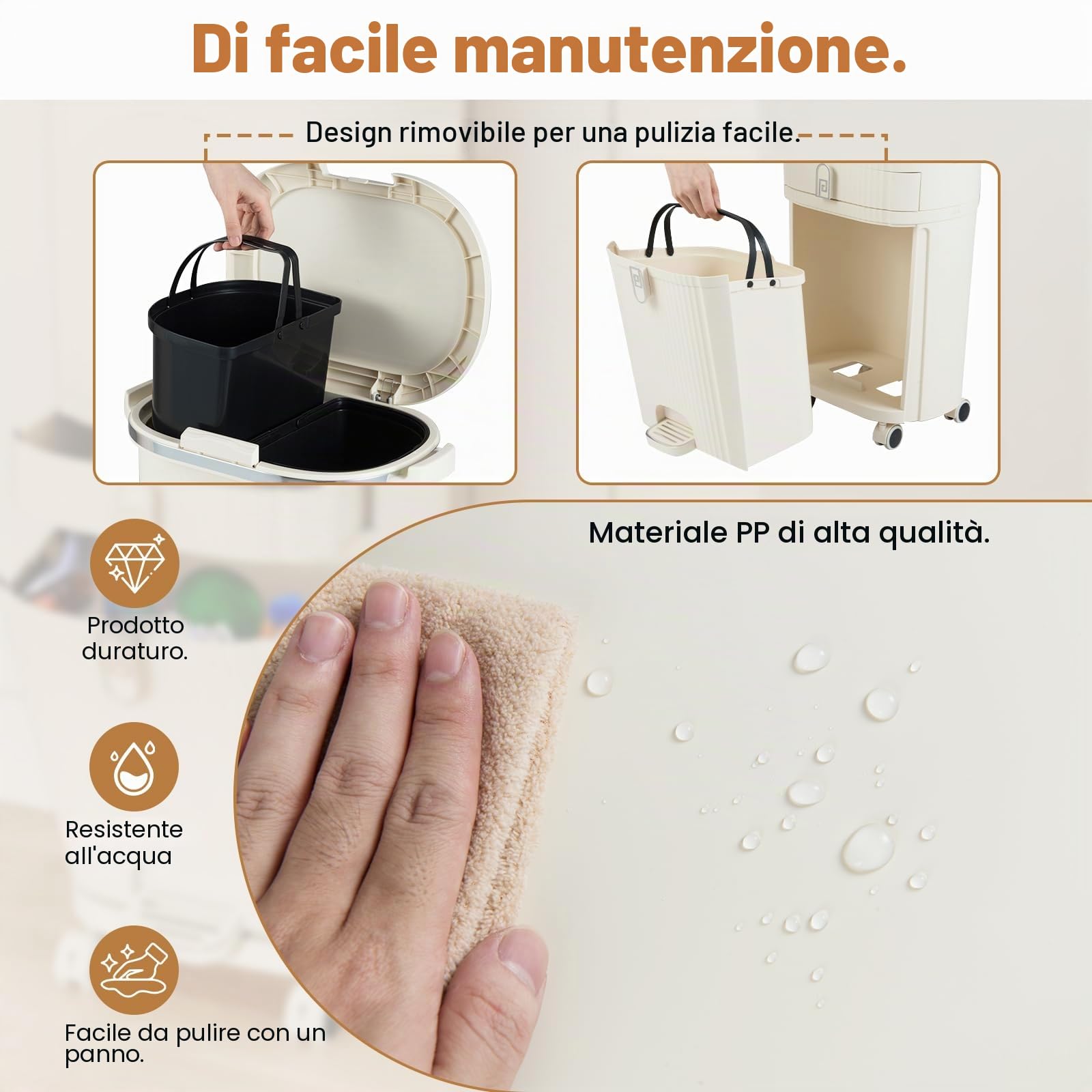 GIANTEX Pattumiera da cucina, 3 scomparti, 42 l, pattumiera con rotelle, pattumiera a pedale con pedale a piedi e maniglia, pattumiera da cucina in plastica, contenitore per rifiuti