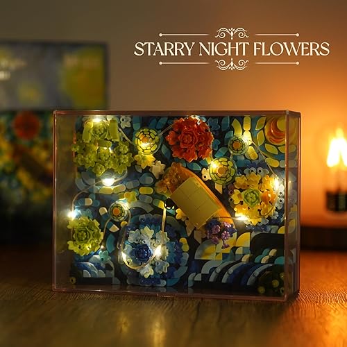 Miniatura 4 de QLT QIAOLETONG Ideas The Starry Night Flowers Mini bloques de construcción para adultos, juego de construcción de Vincent Van Gogh con iluminación,