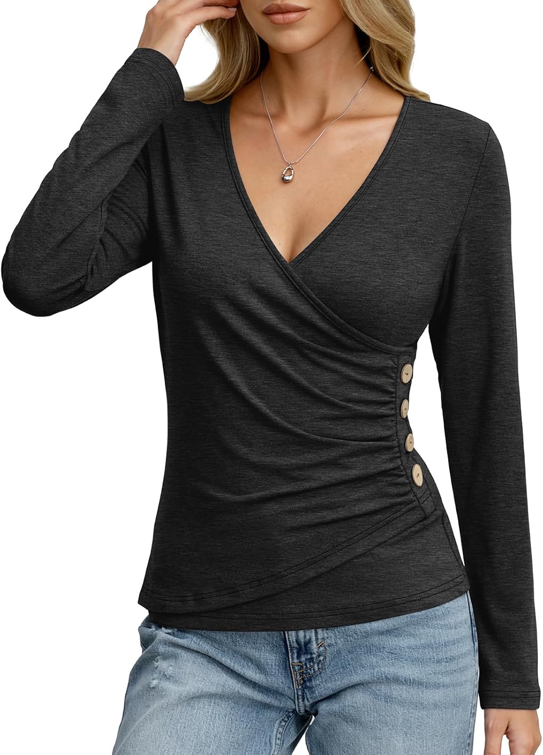 Women's Long Sleeve Deep V Neck Tops Wrap Ruched Slim Fit Shirts Button Side Blouse Sexy Fall Outfits 2025 - Image 2