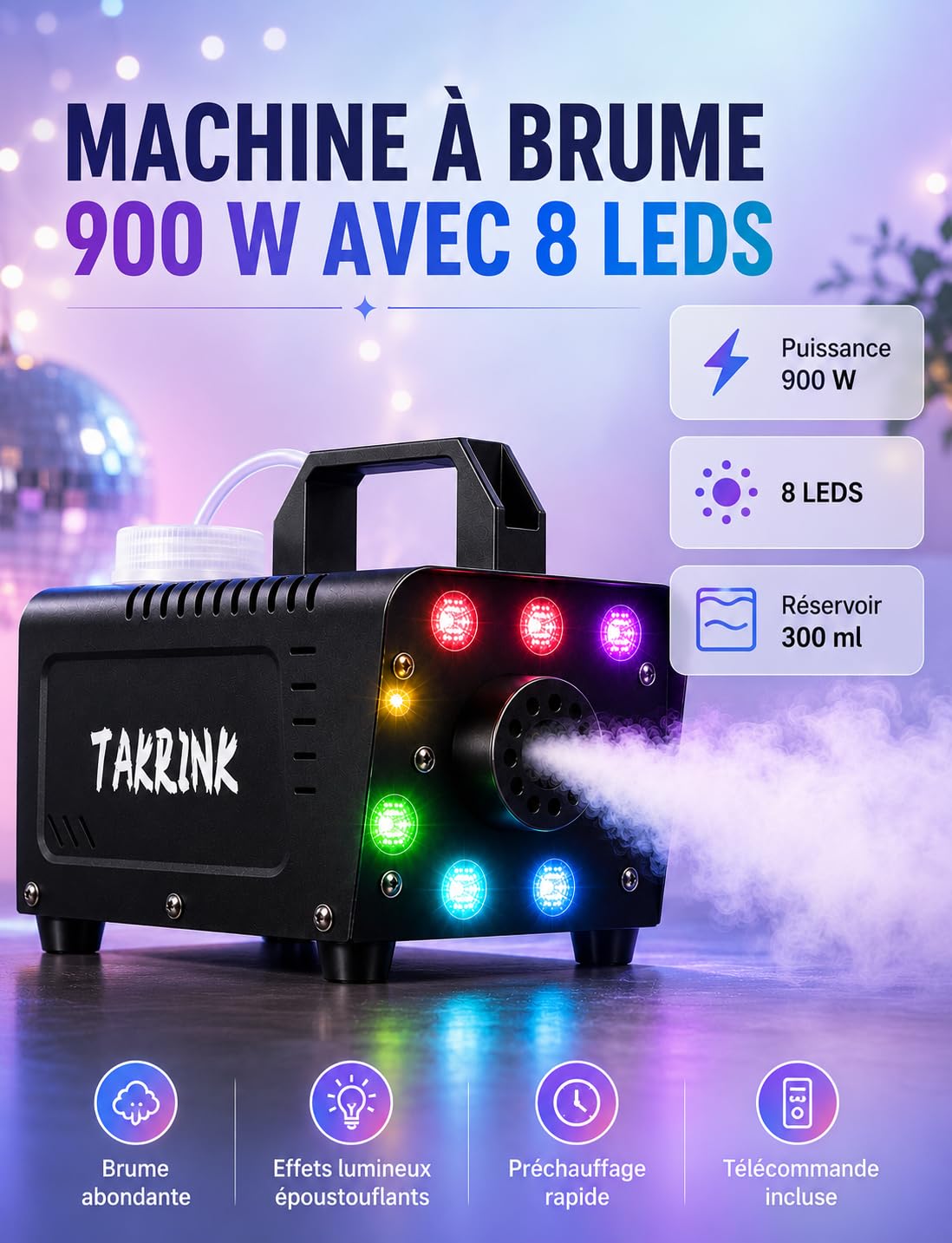 TAKRINK Machine à Fumée 900W Télécommande Machine à Brouillard Professionnel avec 8 LED et Réservoir 0,3 Litres pour Halloween Mariages Étapes Fêtes DJ et Spectacles | 8 LED RGB 16 Couleurs effet fumée Lumineux Réservoir 0,3 L et Commande à Distance pour