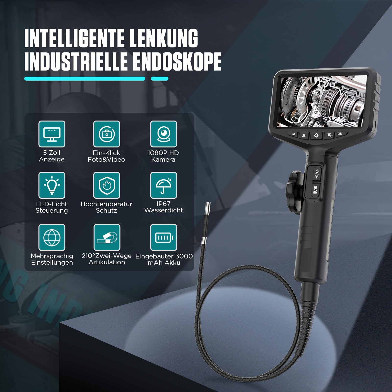 Endoscoopcamera met licht, Hijoy twee-weg articulatie Borescope, 0,8 cm scharnierende inspectiebereik met licht, perfect voor automobiel- en vliegtuigmechanica, 5,5 FT