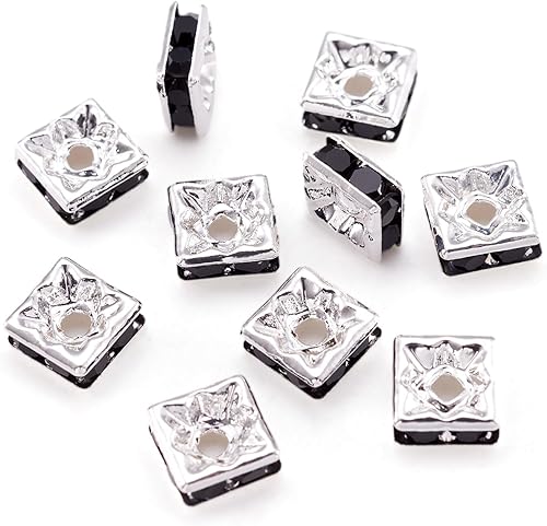 Crafans 100 cuentas cuadradas de latón con diamantes de imitación de 0.236 x 0.118 pulgadas, color plateado, grado A, cuentas espaciadoras de