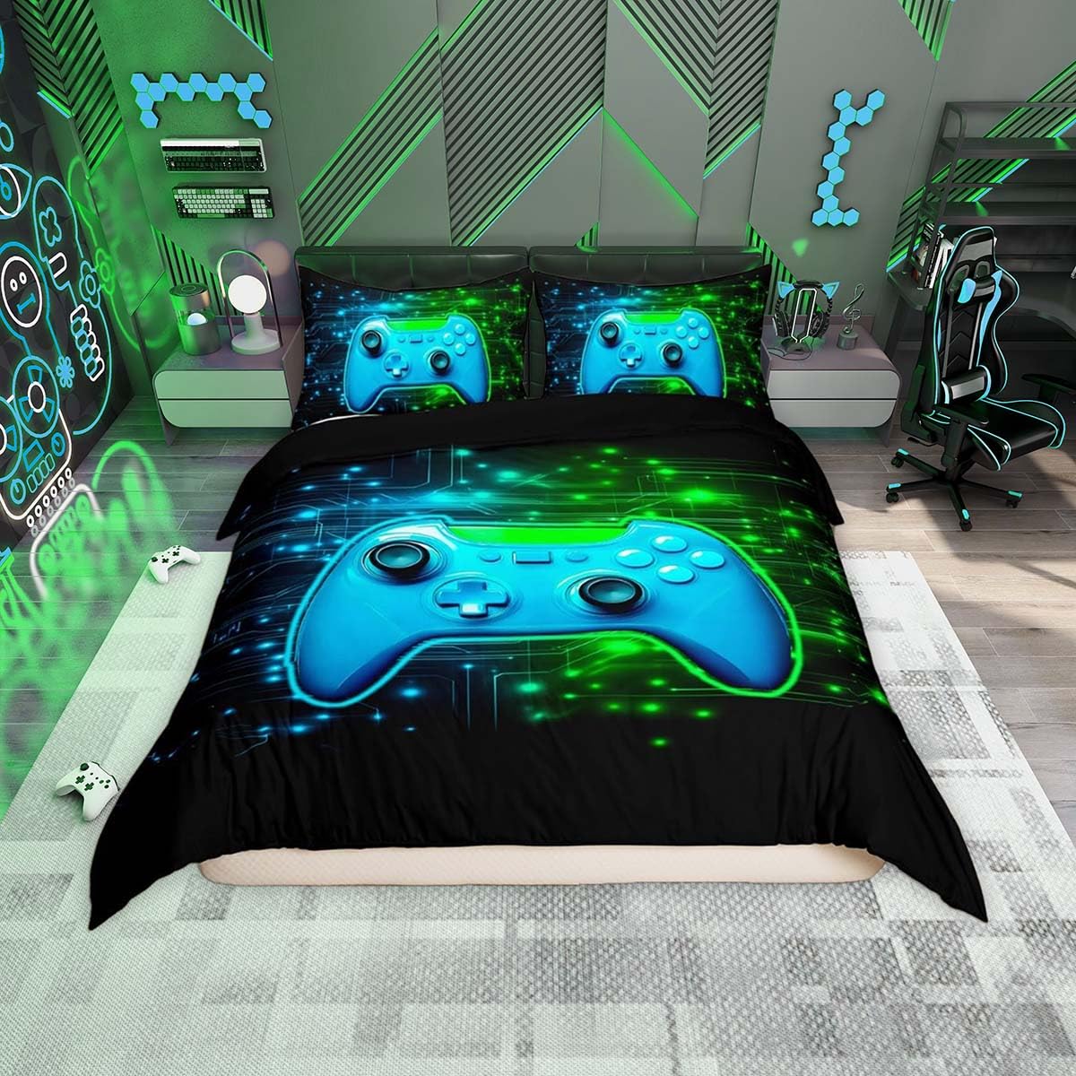 Homemissing Gamer Duvet Cover Set Single Size Blue Gaming Breathable Bedding Set Green GamePad Zippered Duvet Cover with 1 Pillowcase Kids Games Controller For Teenager Boy