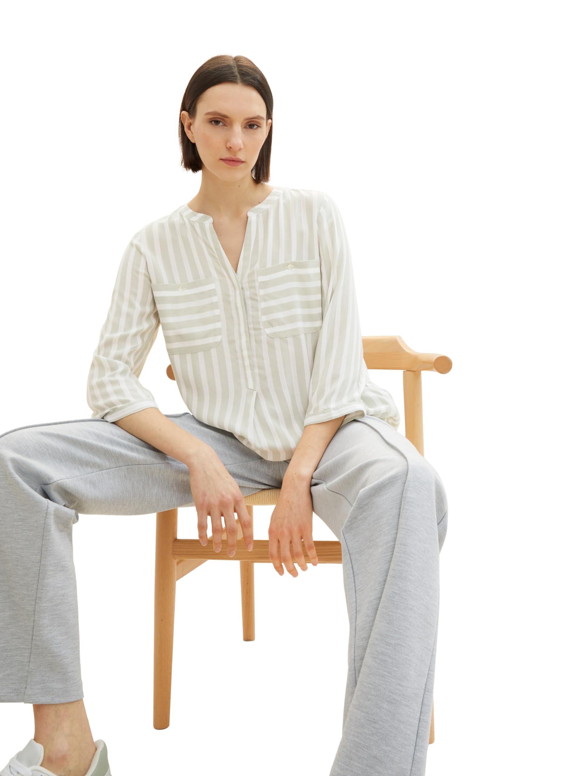 TOM TAILOR Damen Bluse mit Streifen & Brusttaschen, 34820 - Green Offwhite Stripe, 32 – Ansicht 2