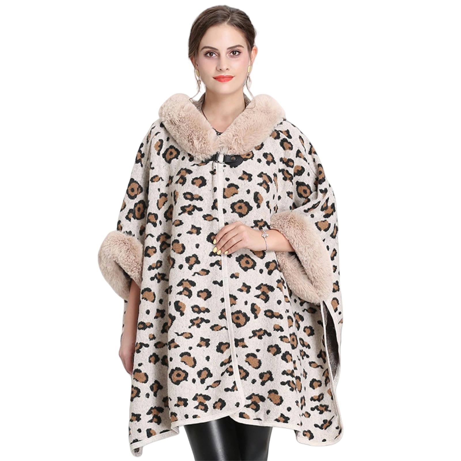 Poncho Donna Scialcano con Cappuccio con Cappuccio per Leopardo Autunno E Inverno Cape di Grande Dimensione Cardigan Woolen Coat per Donne-Cammello
