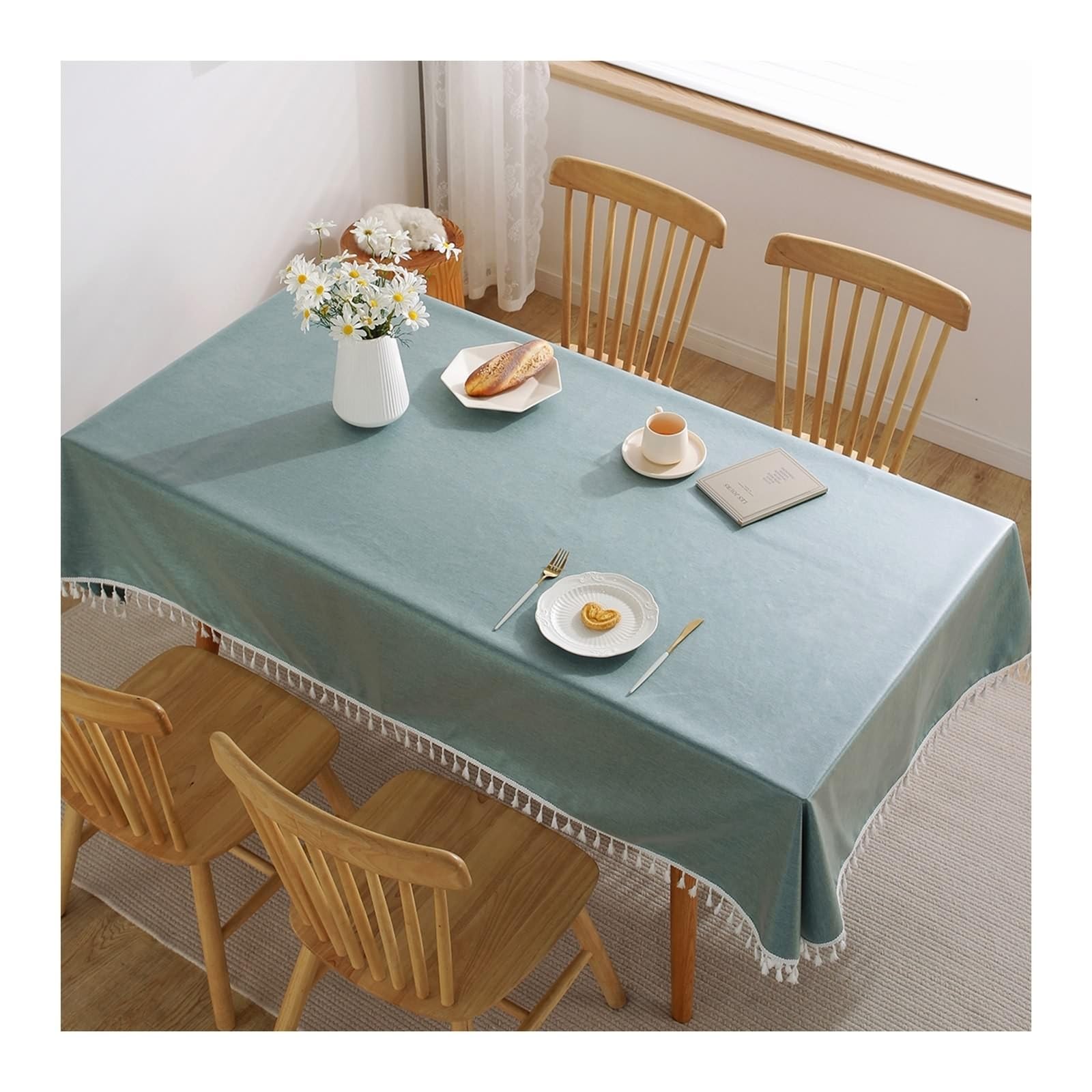 Tablecloth niebiesko-zielony, poliester zmywalny obrus jednokolorowy z frędzlami obrus prostokątny 135 x 220 cm