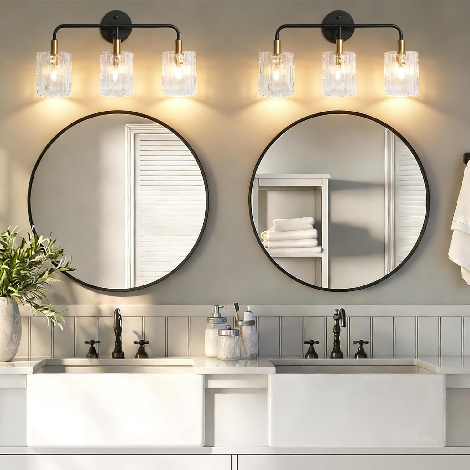 3-Light Glass Bathroom Vanity Lights Over Mirror, Black and Gold Bathroom Light Fixture with Clear Glass Shade, Modern Bathroom Wall Sconce Lighting for Mirror, Living Room (E12)