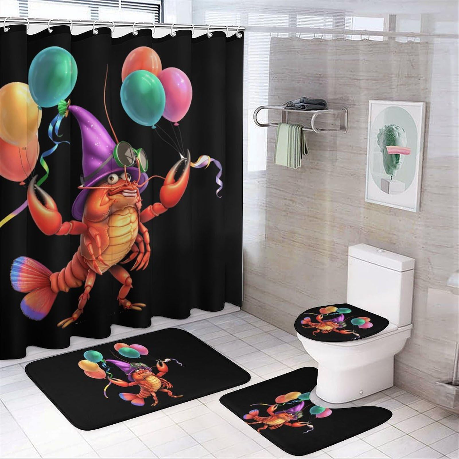 CGSBNGHA Mardi And Gras Crawfish Shower Curtain Set 4 Piece Bathroom Sets with Rugs Toilet Lid Cover And U-Shaped Floor Mat