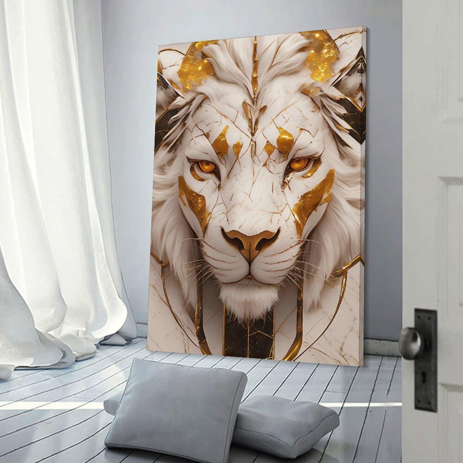 Junmoney Frame-Style-13 White And Gold Lion Portrait Room Decor Wall Art 20X30inch(50X75cm), For Bedroom, Guest Room Or Reading Nook, An Easy Wall Refresh For Bedrooms