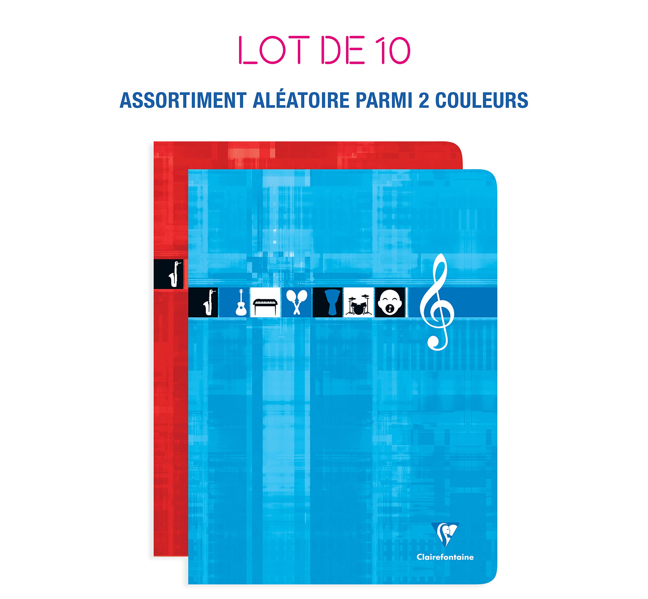 Clairefontaine 3307C Lot de 10 Cahiers Agrafés de Musique et Chants - 24x32 cm - 48 Pages Grands Carreaux et Portées - Papier Blanc 90 g - Couverture Carte Pelliculée - Couleurs Aléatoires