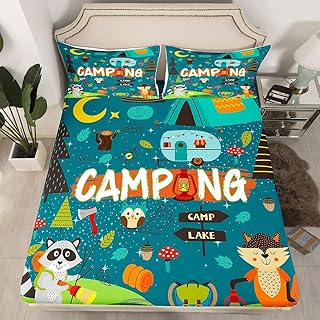 Erosebridal Happy Camping FittedÂ Sheet Camper Kids BedÂ Set for Boys Teens Adult Bedroom Decor, Cartoon Rv Camping BedÂ Sheets Fox Cute Animal Sheets for Travel Trailers, No Top Sheet, Twin