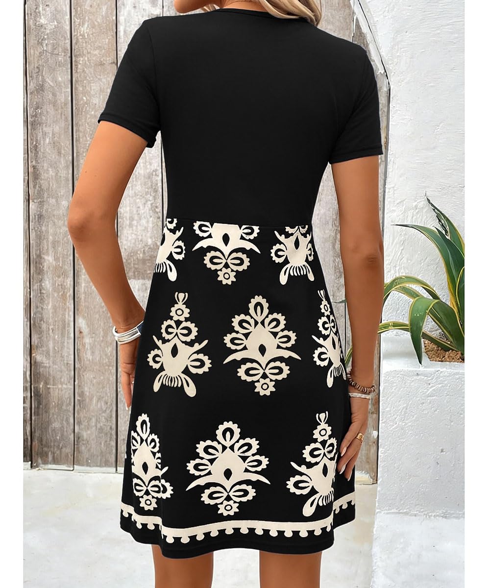 Robe Ete Femme Col V Chic et Elegant Manches Courtes Mini Robe A-Line Décontractée Robes Taille Haute pour Fête Noël Mariage