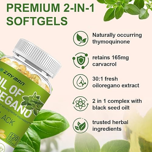 Miniatura 2 de ZAYMAN Aceite de cápsulas blandas de orégano, 2 en 1 6000 mg de aceite de orégano con aceite de semilla negra de 200 mg, a base de plantas, sin OMG,