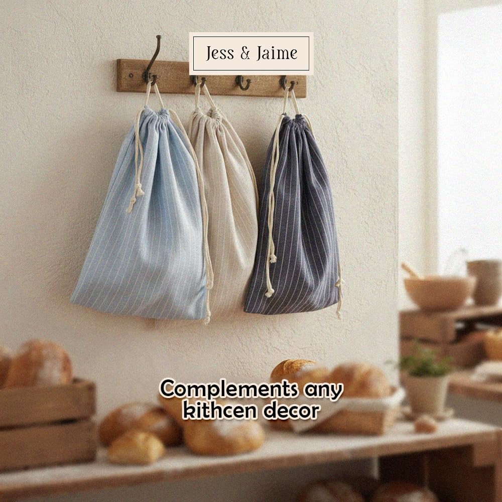 Bolsas de pan reutilizables con cordón – Paquete XL de 3 – Bolsa de pan de lino orgánico lavable, bolsas de almacenamiento de pan de masa madre, bolsas de pan de tela reutilizables, bolsa de pan para
