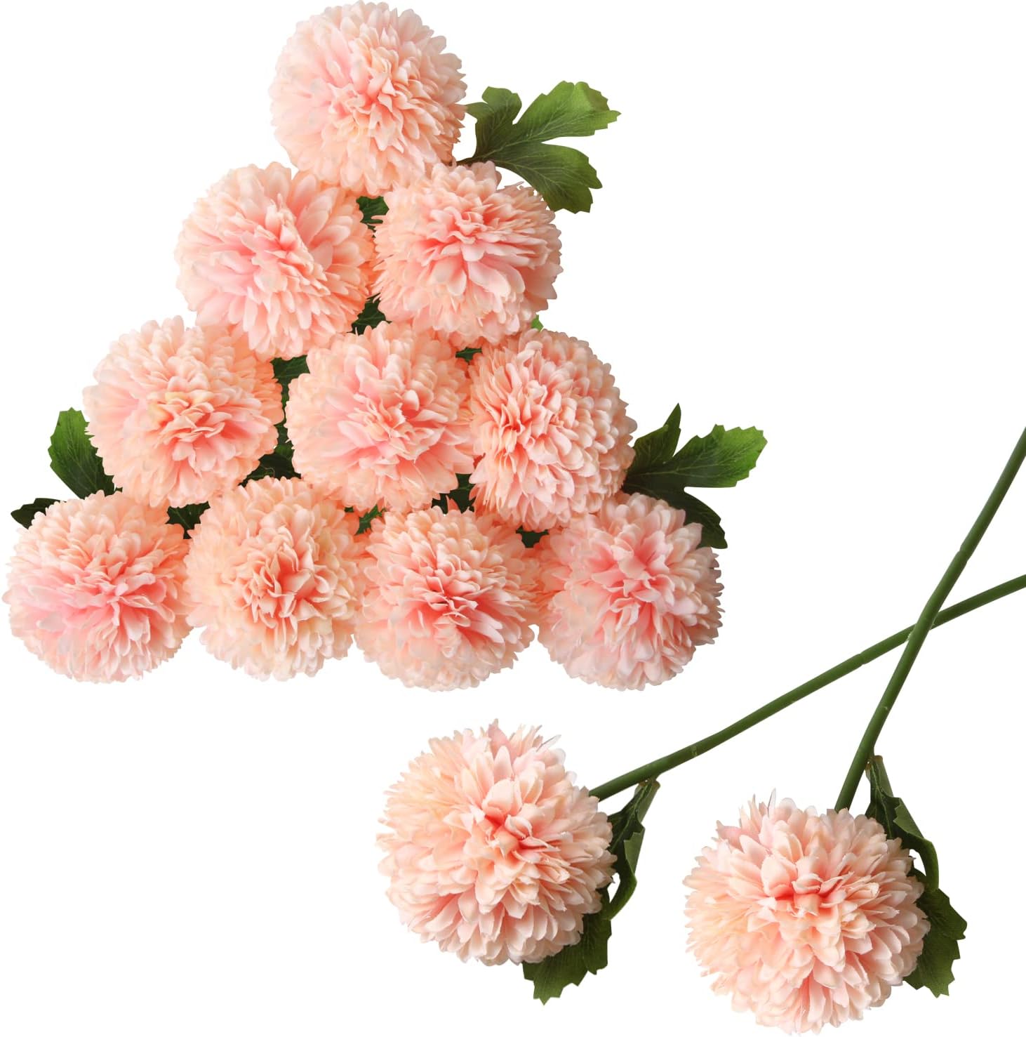 CCINEE 12Pcs Artificial Flowers Chrysanthemum Ball, Silk Floral Arrangement Fake Flowers Bouquet Long Stem Hydrangea for Home Office Coffee House Parties and Wedding Decor (White)