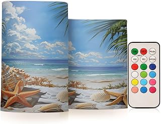 Flickering Flameless Candles, Starfish Seashell Beach Palm LED Candles with Remote Timer, Set of 2 Battery Operated Candle for Valentine Wedding Birthday
