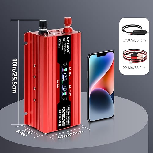 Vista 55 de LVYUAN Inversor de corriente de coche de 1500 W de 12 V a 110 V para vehículos con pantalla LED, salidas de EE. UU., puertos USB para acampar al Rojo