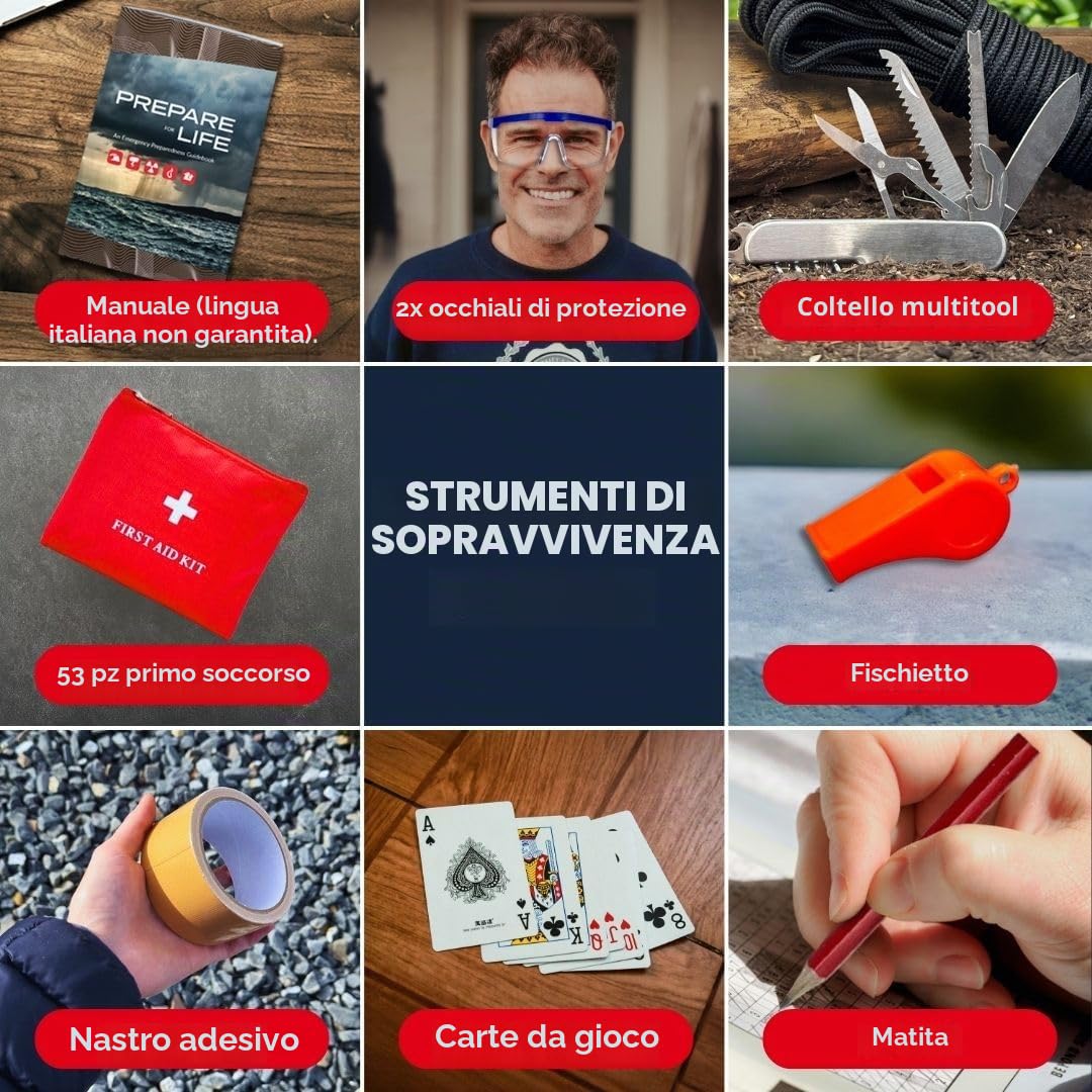Essentials Kit di sopravvivenza completo Deluxe per 2 e 4 persone, Bug-Out-Bag, kit di emergenza per incendi, uragani e altri disastri naturali