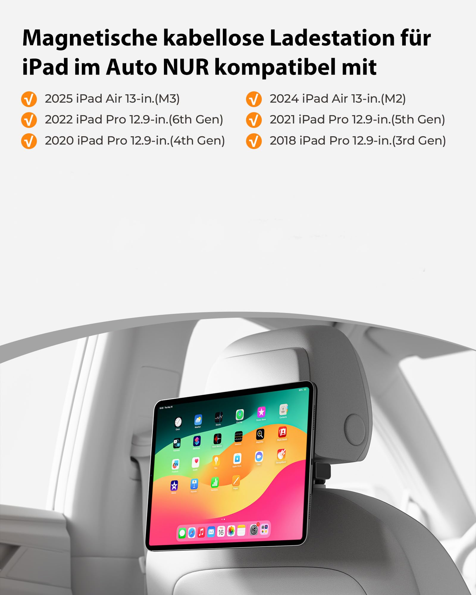 KU XIU Magnetisches Laden Tablet-Halterung Kopfstütze für iPad Pro 12.9/Air 13 M2/M3, Lange Arm Tablet-Halterung Rücksitz für Kinder, Ständer für Roadtrip-Zubehör für iPad Pro 12.9'' 3rd/4th/5th/6th