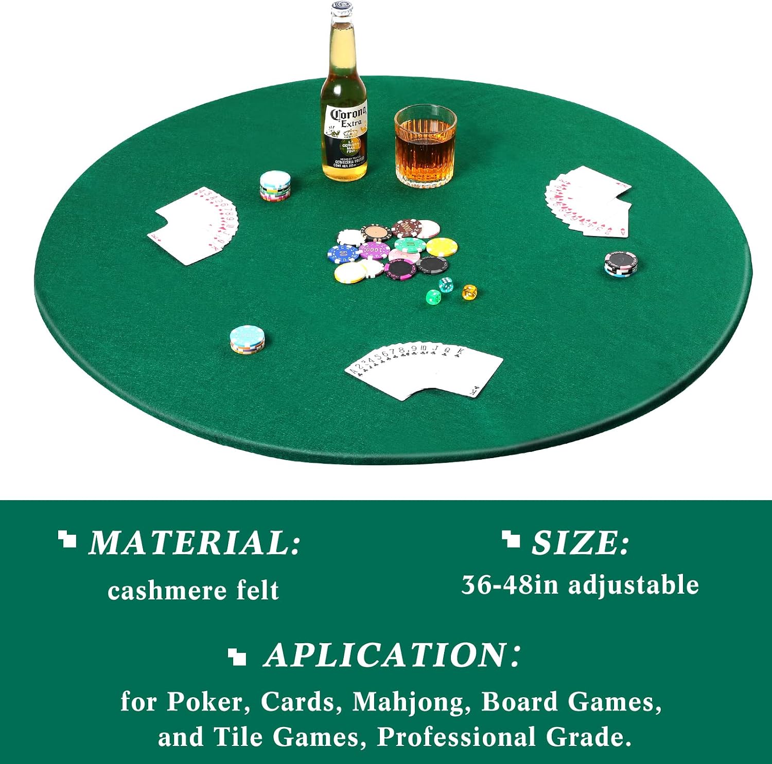 Newwiee Green 36 Inch Felt Card Game Tablecover Round 36in to 48in Tablecloth Poker Table Cover Round Elastic Table Mat for Playing Cards Mahjong