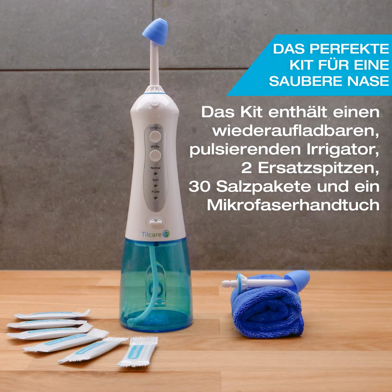 Elektrisch Nasendusche von Tilcare – Für Befreiung der Nasennebenhöhlen und der Bekämpfung von Allergien - Elektrischer Neti-Topf für Erwachsene - Inclusive Handtuch und 30 Salzpackungen