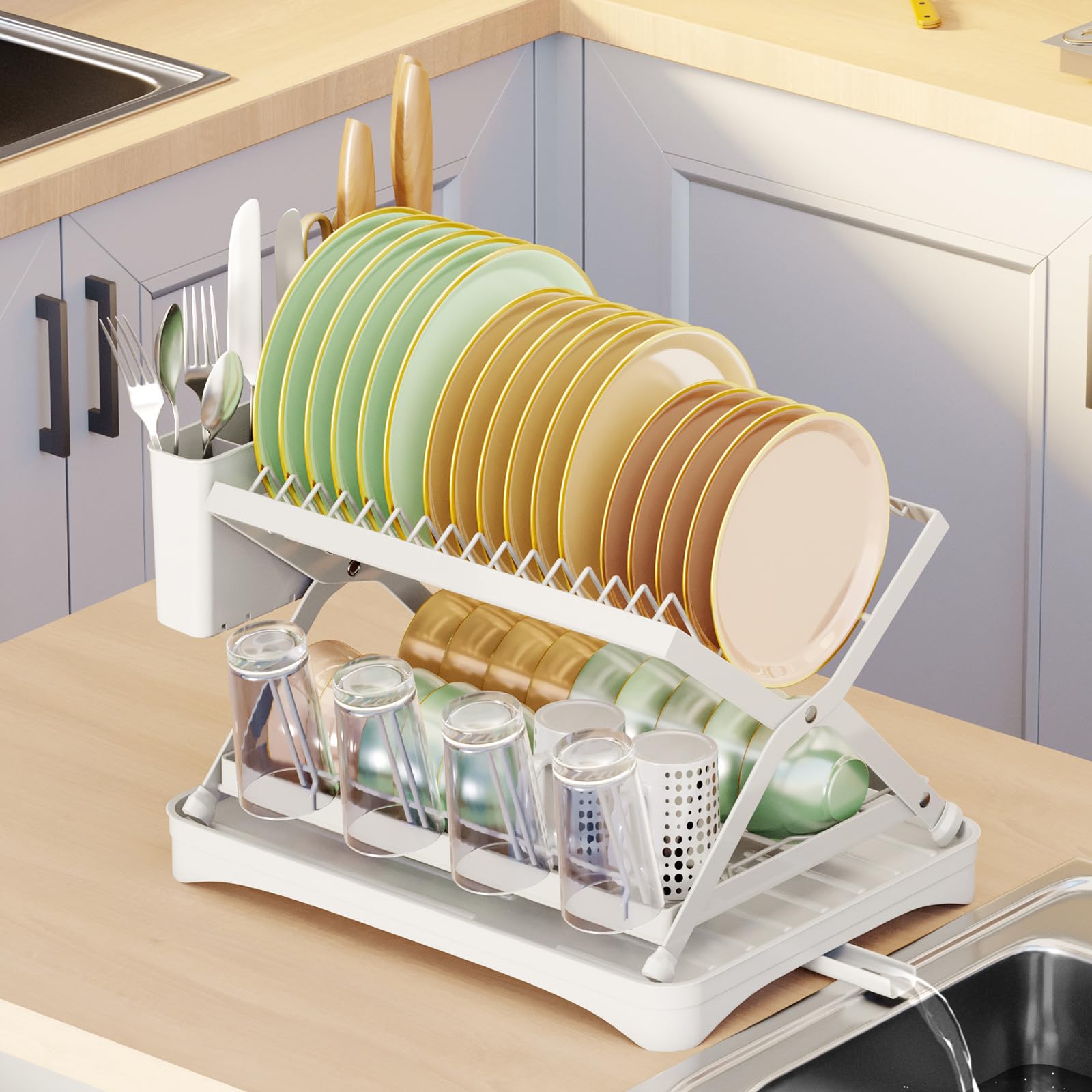 Scivolo per Stoviglie Pieghevole a 2 Livelli, per Spazi Ridotti, Portastoviglie in Acciaio al Carbonio Antiruggine con Vaschetta di Scarico e Portaposate, Organizzatore,Bianca
