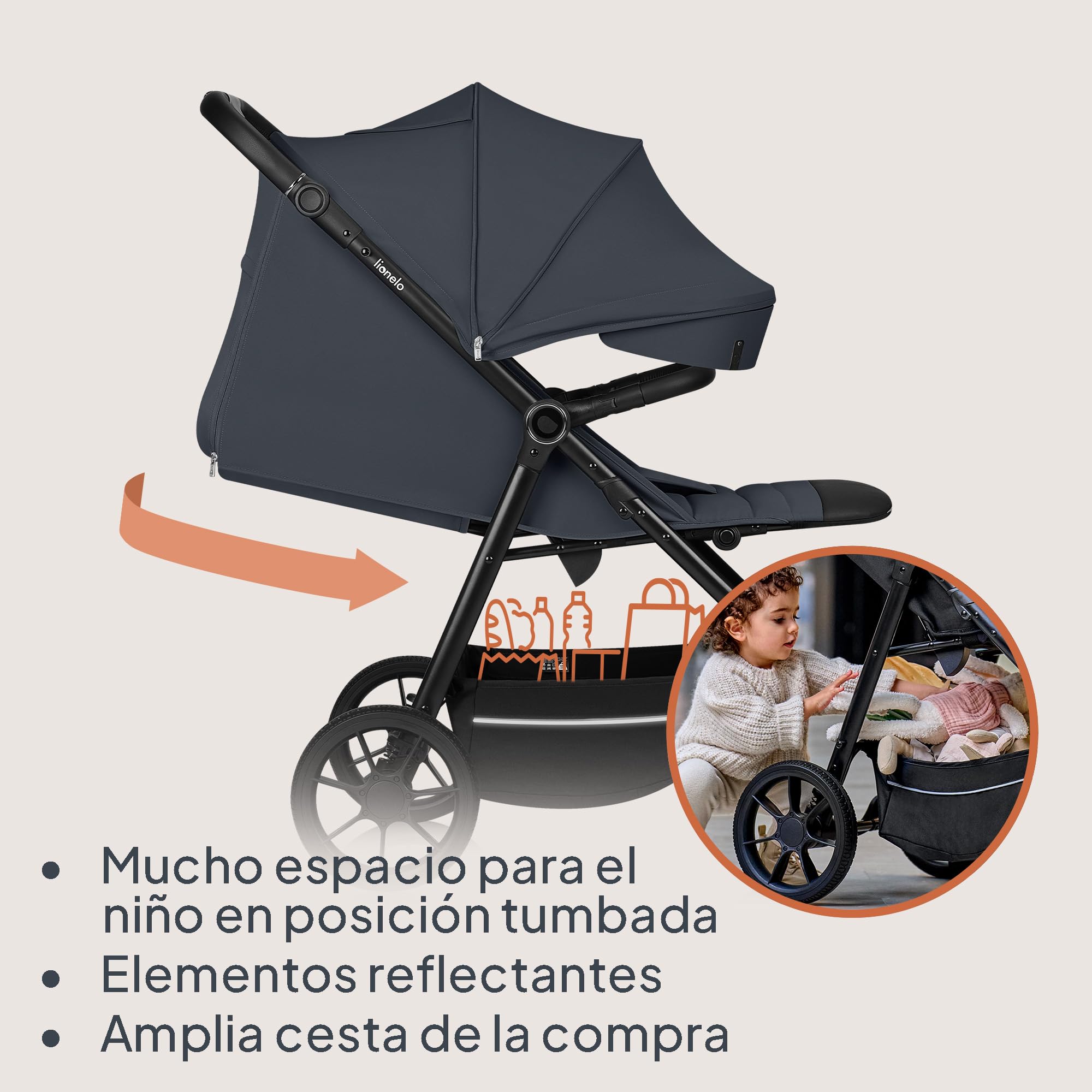 LIONELO IVA Silla Paseo Ligera Hasta 22 kg de 6 m a 4 años Ruedas Giratorias 360° Suspensión Total Ajuste del Manillar Respaldo y Reposapiés y Capota XXL UPF50+ Tejido Premium
