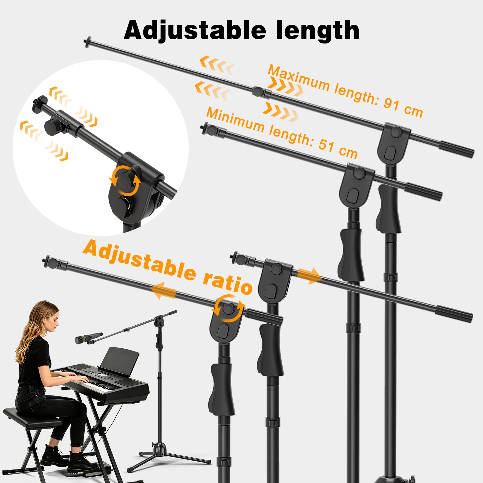 Mikrofonständer mit Teleskop-Galgen 51–91 cm, Höhe bis 232 cm, 2 Clips | Höhenverstellbares Mikrofonstativ mit 24 mm Stahlrohr, Mic Stand mit 2 Mikrofonclips und Gewindeadaptern