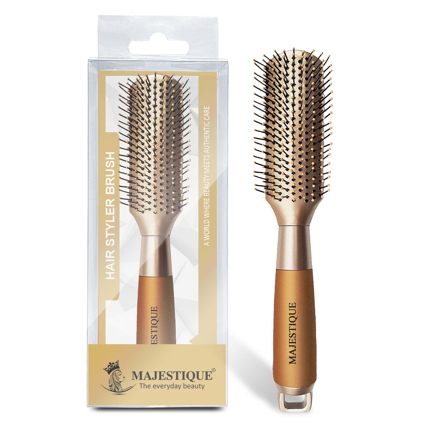 Majestique Hair Straightening Brush – Vent Hair Brush Comb for Women & Men with Semi-Flexible Nylon Bristles – Blow Dry Brush with Scalp Massager – Travel Brush Curly Hair Detangler & Styling Tool