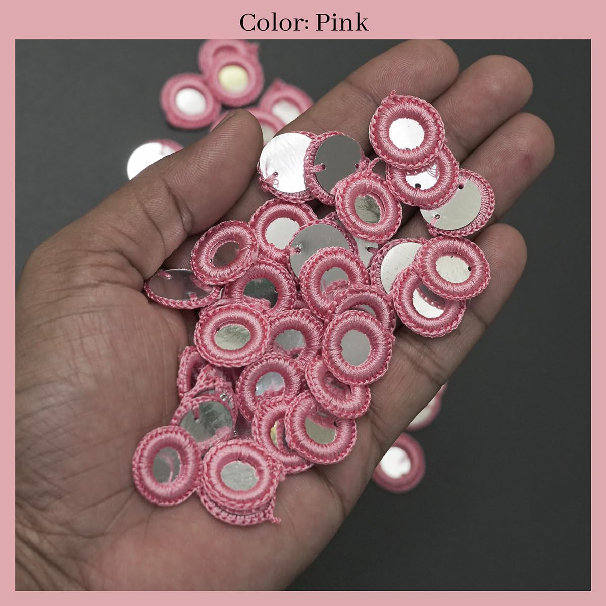 Embroiderymaterial Pink Mirror Work Embroidery Rings 18MM – Sewing Mirror Embellishments for Blouse, Saree, Lehenga, Dress Decoration & DIY Crafts (Pink, 100 Pieces) 1