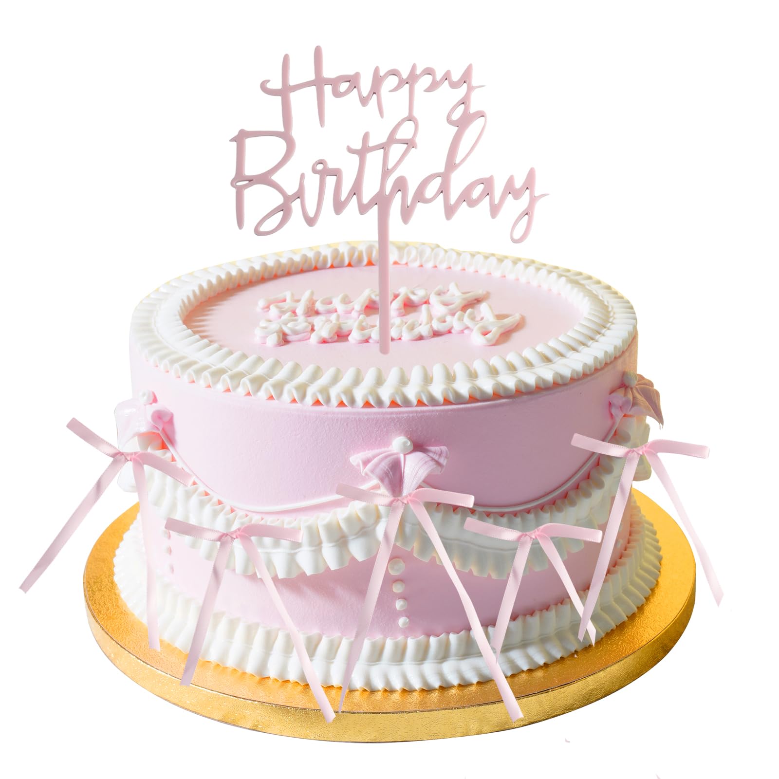 Lot de 10 décorations de cupcakes en forme de nœud rose avec 1 panneau rose « Happy Birthday » - Décorations de fête à thème pour gâteau de mariage, dessert pour mariage, fête d'anniversaire