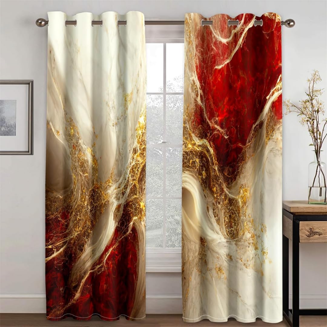 Marble 100% Blackout Curtains for Bedroom 84 inch Long 2 Panels Set Red Gold Marble Texture Veins Modern Abstract Black Out Curtains Insulated Room