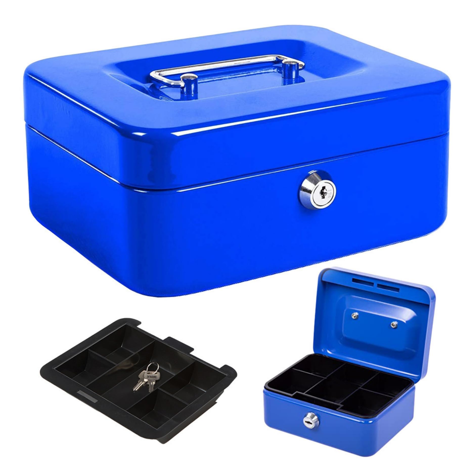 Marco Paul 6" Inch Blue Heavy Duty Money Box with Lock Metal Lock Box Money Tin Cash Boxes With Keys Petty Cash Tin Money Saving Box for Adults Strong Small Metal Money Safe for Cash