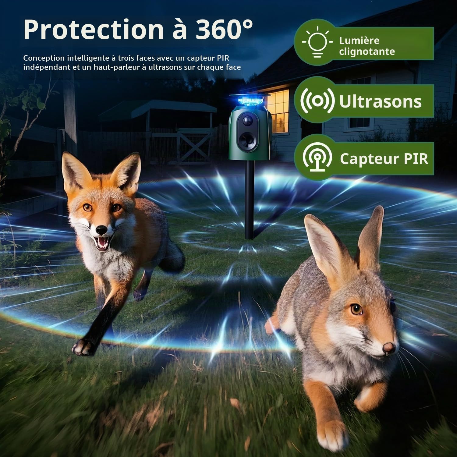 Repulsif Chat Exterieur Solaire, VoltGuard 360° Répulsif Chat Ultrason avec Détecteur et Flash, 5 Modes de Réglage pour Chats Chiens Souris Animaux de Jardin