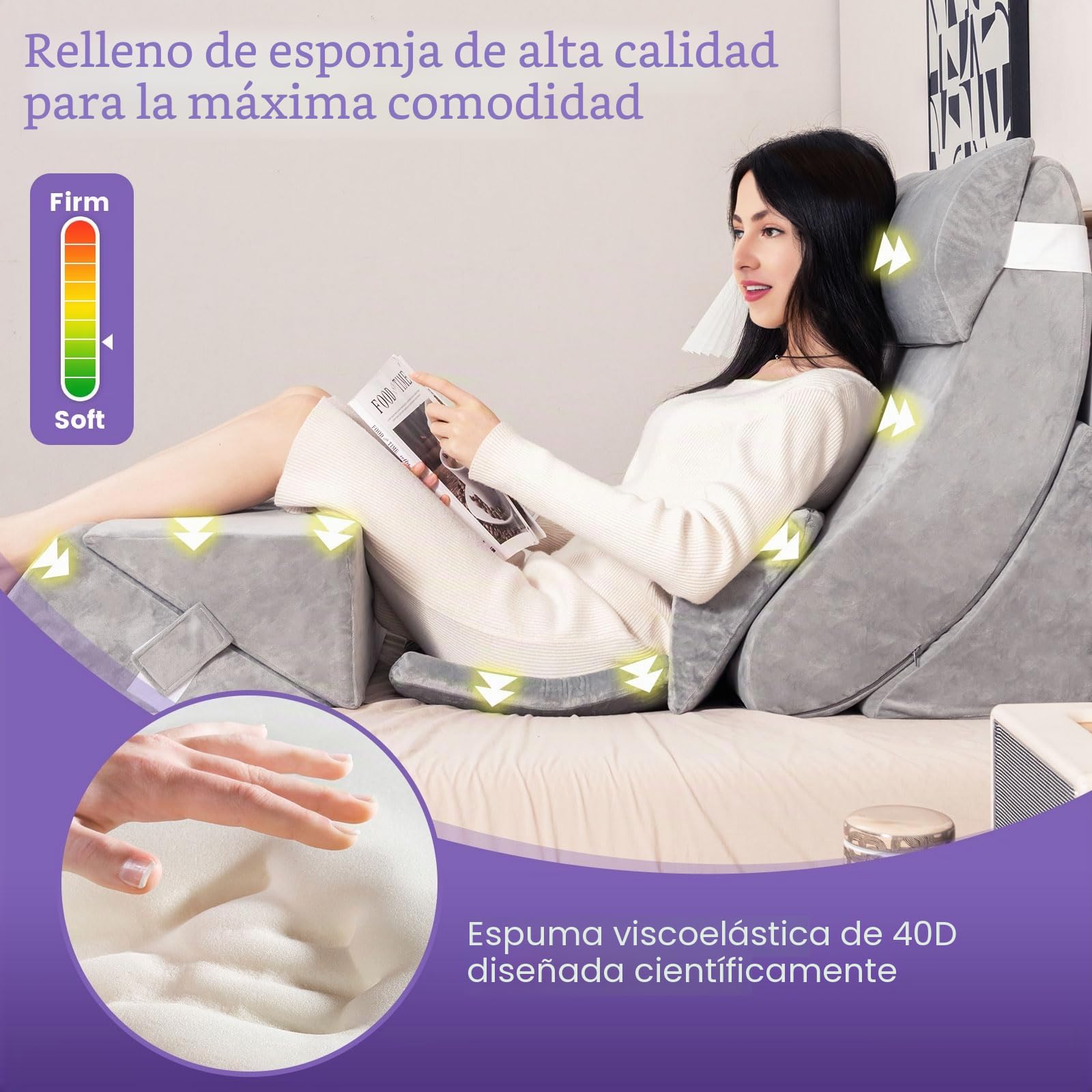 GOPLUS - Juego de 7 cojines de lectura, inclinados para aliviar el dolor, cojín de espuma con memoria de forma ajustable, con funda lavable para dormir, operación lectura(gris, juego de 7)