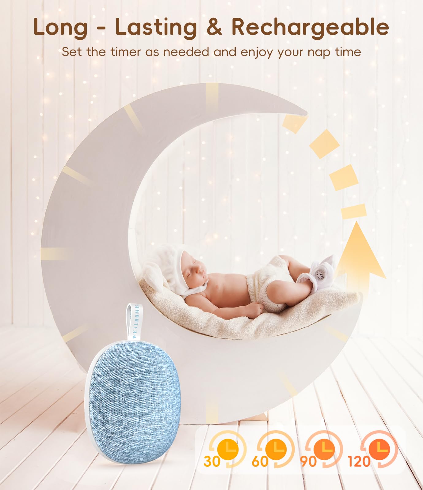 Macchina portatile a rumore bianco per adulti Baby & Travel - 6 suoni rilassanti, batteria a lunga durata da 1200 mAh, streaming musicale Bluetooth, luce notturna e dispositivo di aiuto per